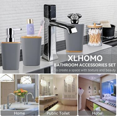 Набір аксесуарів для ванної кімнати, 9 предметів: сміттєвий бак, тримач для зубних щіток, стакан для зубних щіток, диспенсер для мила/лосьйону, полиця для раковини, мильниця, щітка для унітазу, тримач для ватних паличок (сірий, набір для ванної кімнати)