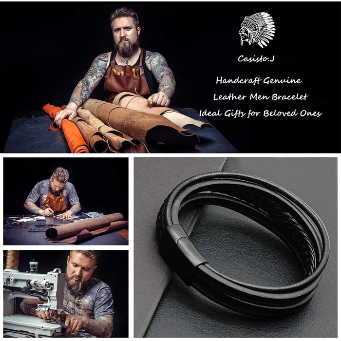 Чоловічий шкіряний браслет Casisto.J з нержавіючою сталлю та гравіюванням, чорний, плетений, з магнітною застібкою (22 см)