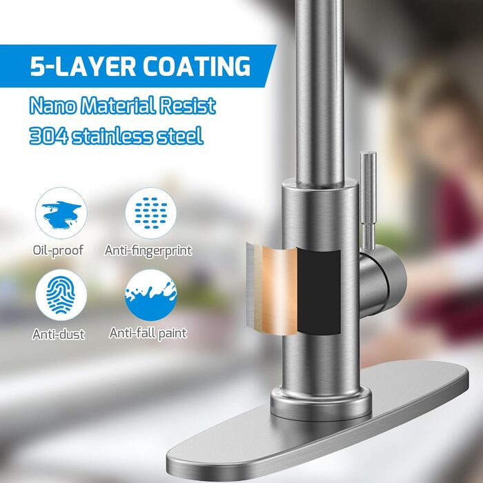 Змішувач кухонний поворотний 360° з висувною лійкою, нержавіюча сталь, гаряча/холодна вода, 2 режими струменя, G3/8'', кухонний