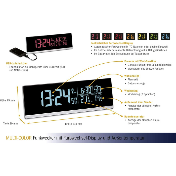 TFA Dostmann Multi-Color Digital Radio Alarm Clock with Color Changing Feature (70 Shades), 60.2548, Smartphone Charging Function (USB), Outdoor Temperature, Snooze Function, Plastic, Black