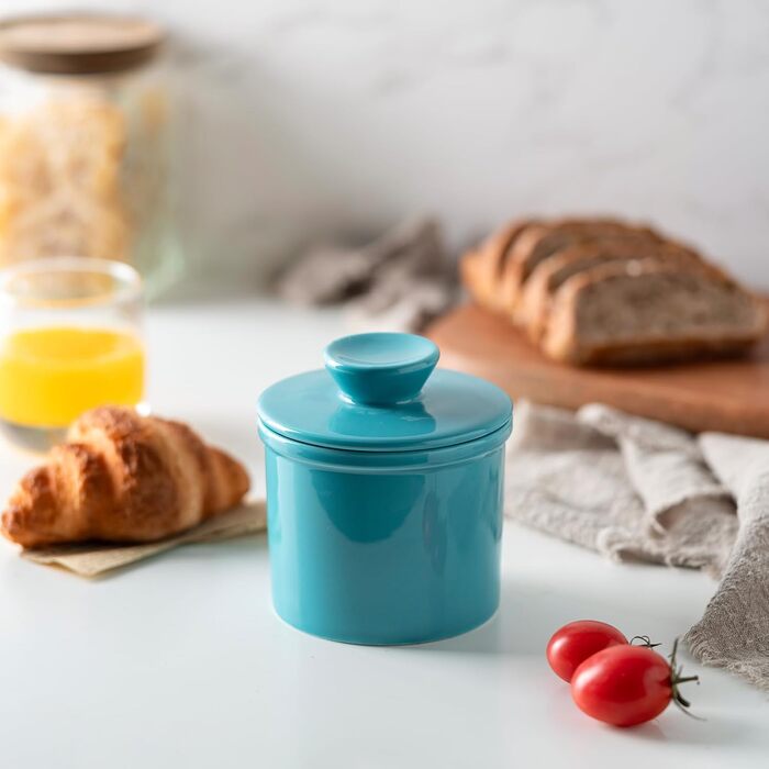 Butter dish with waterline for counter, French butter crock with lid, ceramic butter container for fresh spreadable butter, turquoise