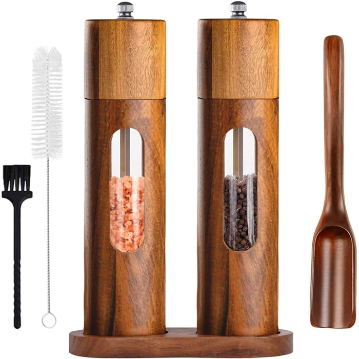 Механічна водяна млин для перцю та солі, набір 2 шт. з регулюванням помелу, керамічний жорно, з підставкою, 21.5 см