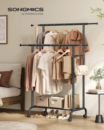 SONGMICS Clothes Rack with 2 Clothes Rods, Extendable Garment Rod, with Wheels, Coat Rack, Height Adjustable between 113 and 180 cm, Lower Rod Adjustable, LLR401R01 (Ink Black, 120D x 50W x 156H cm)