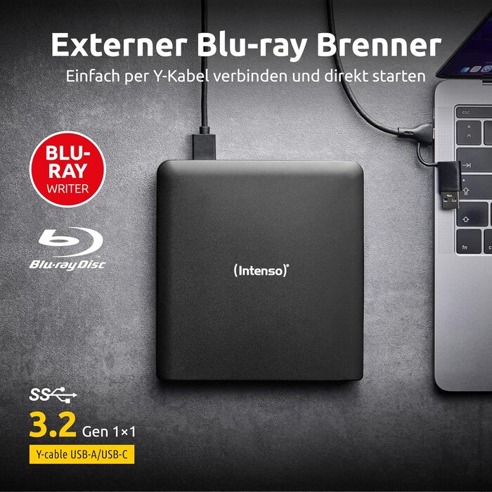 Зовнішній CD/DVD привід Intenso EOD 400D Slim, USB 3.2, для ноутбука та ПК, кабель USB-C та USB-A, Plug & Play для Windows та MacOS, чорний