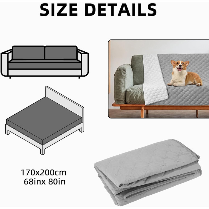 Водонепроникний килимок для собак та котів 170x200 см - захист ліжка та дивану, сірий