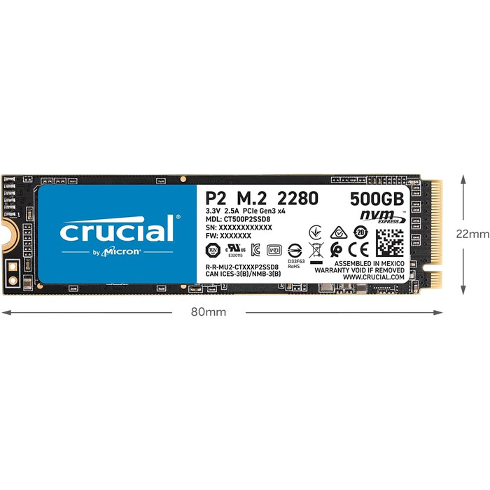 SSD Crucial P2 2TB M.2 PCIe Gen3 NVMe - внутрішній накопичувач, 2400 МБ/с
