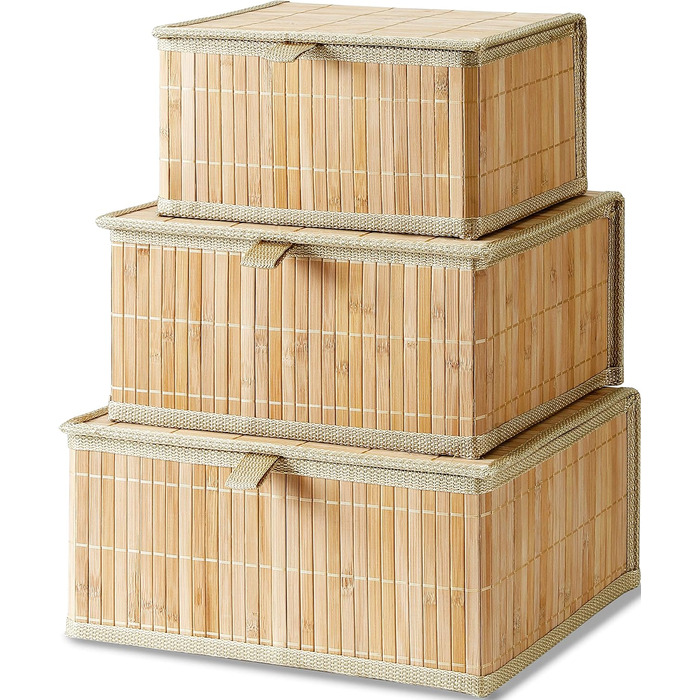 Honeycomb Storage Basket with Lid, Woven - Bamboo Decor Storage Boxes, Set of 3 Rattan Basket with Lid, Woven Fabric Insert for Bathroom, Kitchen, Shelf Organization (Large/Medium/Small)