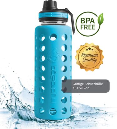 Glass Drinking Bottle with Silicone Sleeve – 100% Leak-Proof, BPA-Free, Dishwasher Safe, 2 Replaceable Lids – Ideal for Office, Fitness, Yoga, Sports & Outdoor – 950 ml (Coral Blue 2.0)