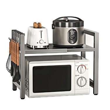 Настільний органайзер для мікрохвильової печі з 6 гачками, регульована висота та ширина, металевий, для кухні, спецій та кухонного приладдя