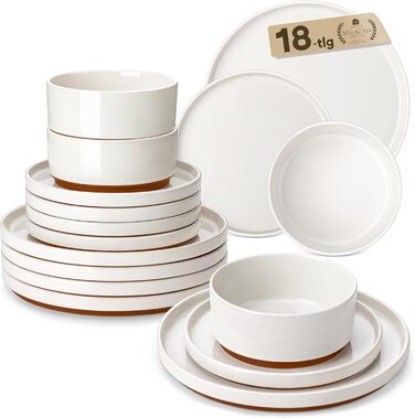 Набір посуду MALACASA з каменю (18 предметів) для 6 осіб, керамічний сервіз з глазур'ю 'сезам', білий з коричневим дном, набір тарілок та мисок