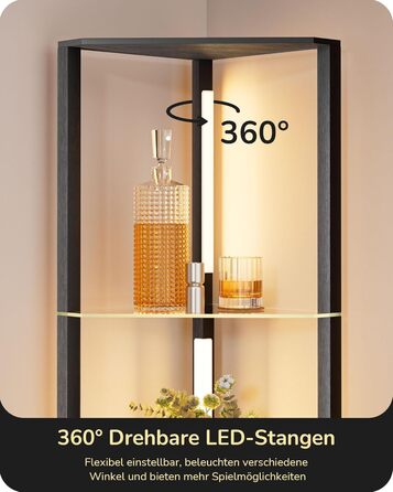 Стійка лампа EDISHINE з 4 полицями з дерева, LED диммер, 3 колірні температури, поворотний світловий маніпулятор, підсвічування полиць, футовий вимикач (чорний+скло)