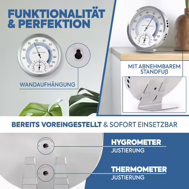 MAVORI® 2in1 Indoor Analog Hygrometer and Thermometer made of Stainless Steel - Analog Thermometer Hygrometer - Temperature and Humidity Meter for a Healthy Indoor Climate - Ø 12.5cm