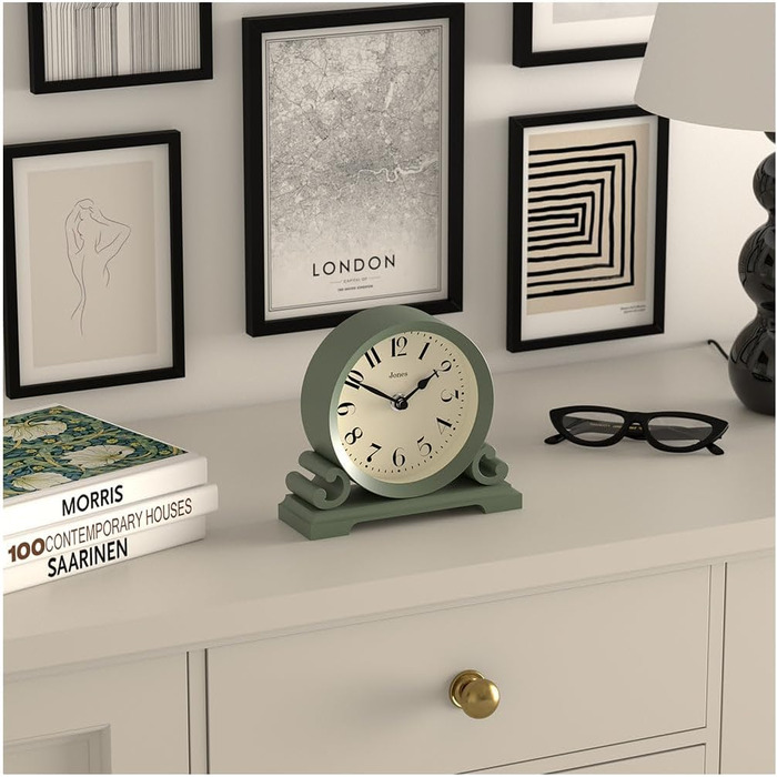 JONES CLOCKS® Saloon Table Clock | Traditional Double Scroll Design | Green | Contemporary classic style for desk, table, shelf, or bedside table