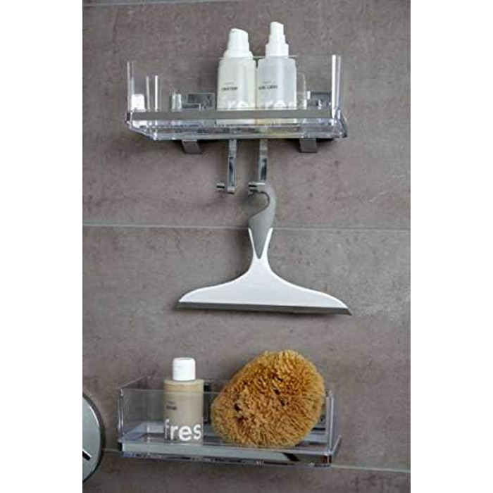 WENKO Vacuum-Loc Bathroom Wall Shelf Quadro with Hooks, 2 Tiers, with Removable Bowl, Mounting without Drilling, Stainless Steel/Plastic, 25.5 x 15 x 14 cm