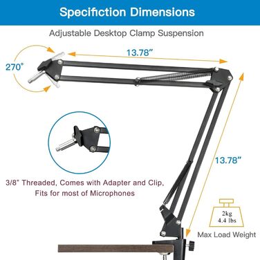 Кріплення для мікрофона на штативі (гусак) 2-в-1 з тримачем для веб-камери та телефону. Сумісний з Blue Yeti, HyperX QuadCast, Logitech C920, C930 та іншими.
