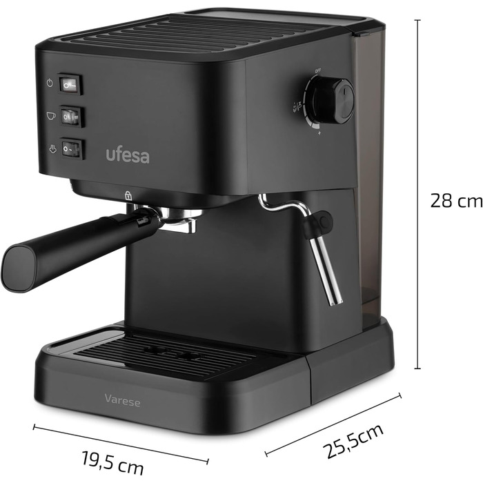 Ufesa Sienna Espresso Machine and Cappuccino Semi-Automatic Machine with Milk Frother, 20 Bar Pressure, Digital Touch Panel, 1360W, for Coffee Grounds or ESE Pads, 0.9L Water Tank, Silver (1050W | BLACK)