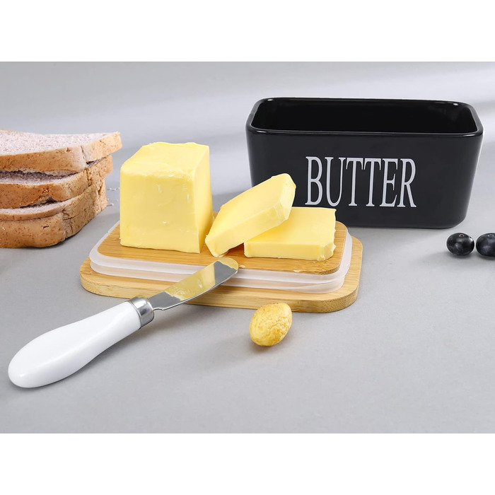 Porcelain butter dish with lid, airtight silicone butter keeper for butter, nuts, cheese, plus butter spreader.