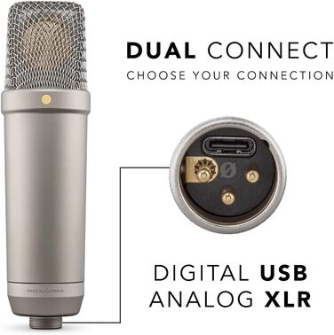 RØDE NT1 5th Gen: Конденсаторний мікрофон з XLR/USB, поп-фільтр та пауза для запису вокалу, музики та подкастів (чорний/сріблястий)