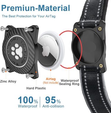 Світловідбиваючий нашийник для собак AirTag, водонепроникний, середній розмір (30.5-38 см), чорний