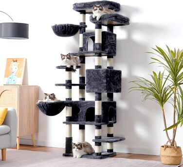 Багатоярусний котячий комплекс Hey-brother Kratzbaum 188 см з 2 платформами, 3 печерами, 2 кошиками, плюшевими кульками та сизалевим покриттям, сірий (MPJ035-MG)