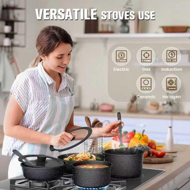 Набір посуду PureGlow Granit Antihaft з знімними ручками (10 предметів) – сковорода, каструлі з кришками, індукційний, для плити, духовки, чорний