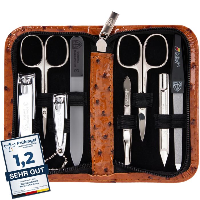 Набір для манікюру 'Roma' від DREI SCHWERTER: 8 інструментів (ножиці, щипці, пилочки, інструмент для чищення) - колір коньяк/straussoptik