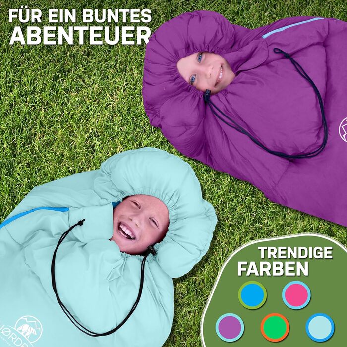 Дитячий спальний мішок для хлопчиків та дівчаток до 145 см | 100% бавовна | Мумійний спальник для кемпінгу | Легкий та теплий [1200г] | Кольори: фіолетовий/бірюзовий