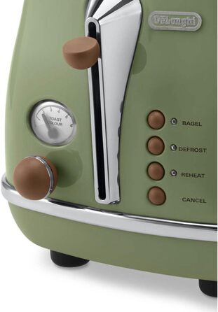 Тостер De'Longhi Icona Vintage CTOV 2103.GR Olive Green – 2 слоти, підставка для булок, 6 рівнів підсмажування, функція підігріву та розморожування, з нержавіючої сталі, ретро-дизайн
