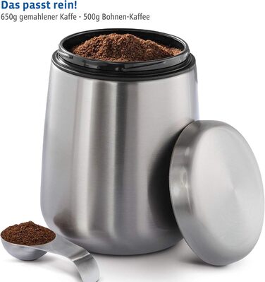 Stainless Steel Coffee Canister 500g (airtight stainless steel canister including magnetic measuring spoon in the lid, anti-fingerprint coffee container, coffee box for storing 500g of ground coffee/beans) silver