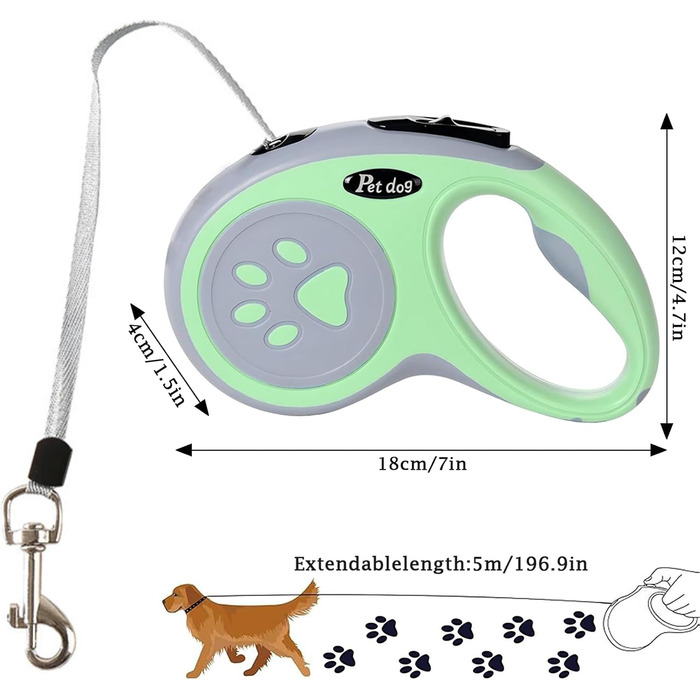 Висувна поводок для собак, 5 м, тренувальний поводок з міцної нейлонової стрічки, одноручний стопор та пауза, замок для собак маленьких та середніх порід (Рожевий) (Зелений)