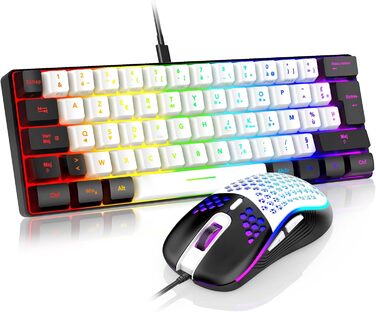 RedThunder K62 Бездротова ігрова клавіатура та миша, RGB, AZERTY, 62 клавіші, міні, для PC PS5 (Біло-Чорний)