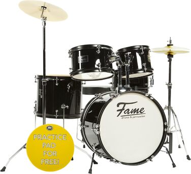 Fame 5-Piece Drum Set Black - Комплект барабанів з аксесуарами, включаючи бас-барабан, томи, малий барабан, стійки та табурет