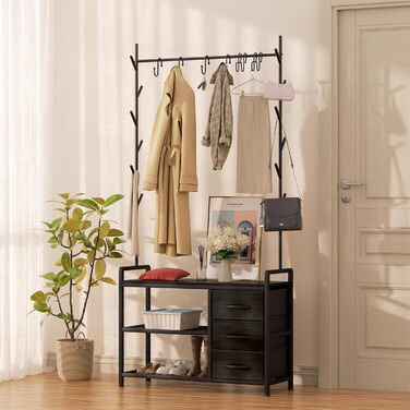 Вішалка для одягу з лавкою Leader Accessories, метал, чорний/чорне дерево, 176x30x84 см