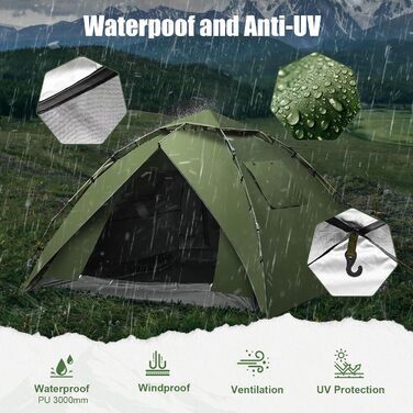 Намет кемпінговий автоматичний 4 особи, водонепроникний купольний 230x230x150 см, сімейний 2-шаровий, захист від УФ, для 4 сезонів
