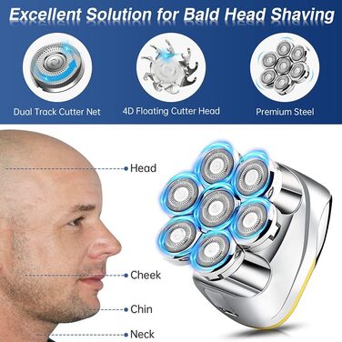Електричний гоління для чоловіків Glatzen: 7D плаваюча головка для гоління, ротаційний гоління 6 в 1, багатофункціональний гоління для голої голови, вологостійкий, триммер для бороди, носа та вусів, набір для догляду, золотий