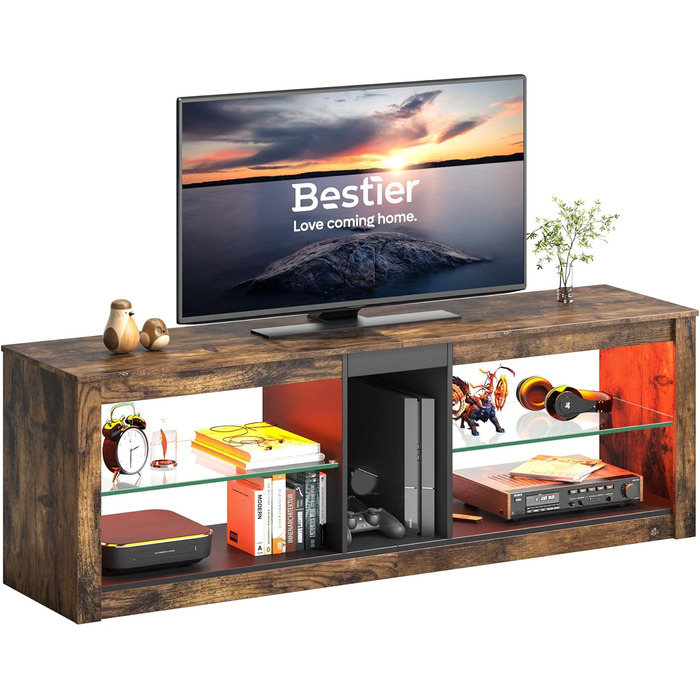 ТВ-тумба Bestier для телевізорів до 65 дюймів, 140×35×47 см, з LED-підсвіткою, кабель-менеджментом, скляною полицею, коричнева