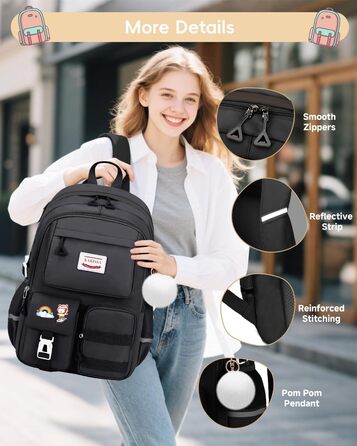 Шкільний рюкзак Tanou для дівчаток-підлітків, 9-16 років. Великий, водонепроникний, з брелоком (чорний)