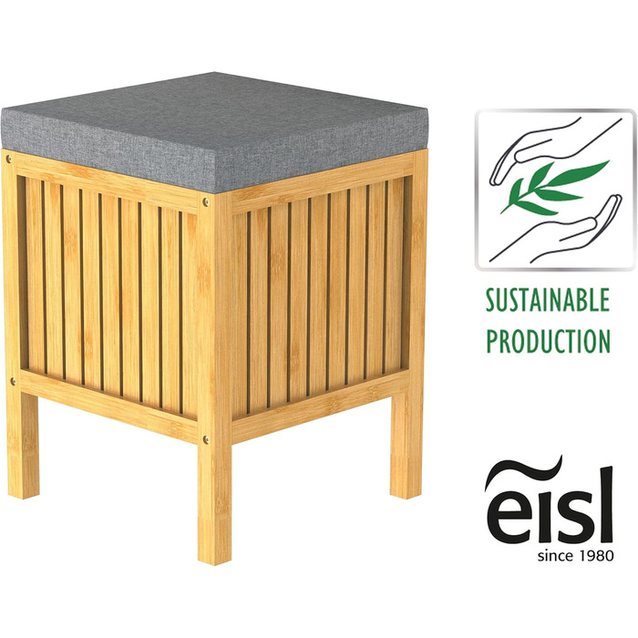 Бамбуковий стілець для ванної EISL BMBA02-BH2, з сидінням, 35x45x35 см, кошик для білизни