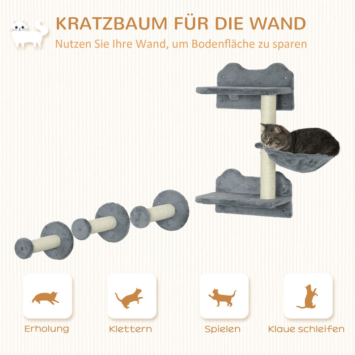 PawHut Cat Climbing Wall Set, Climbing Wall, Cat Ladder, 4-Piece Set, with Scratching Post, Hammock, Gray+Cream White, 40 x 28 x 73cm5 | Aosom