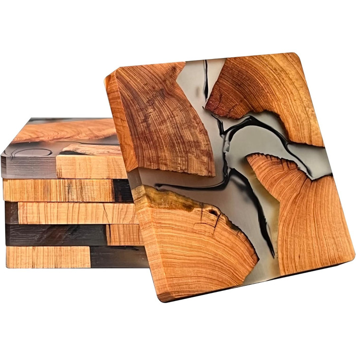 Shizuro Coasters made of wood, square - Set of 6 - Coasters for drinks, cups, mugs, glasses - Design, decor table coasters, real wood, epoxy resin, modern