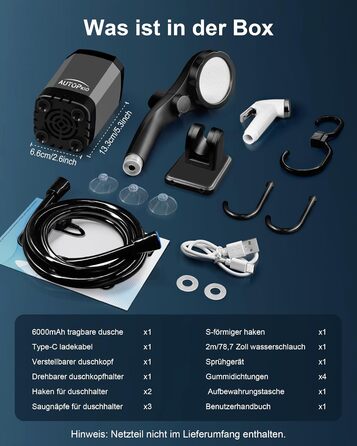 AUTOPkio Camping Shower with Pump, Upgraded Camping Shower 6000mAh Rechargeable Pump, Smart Digital Display for Camp, Outdoor, Pet, Emergency