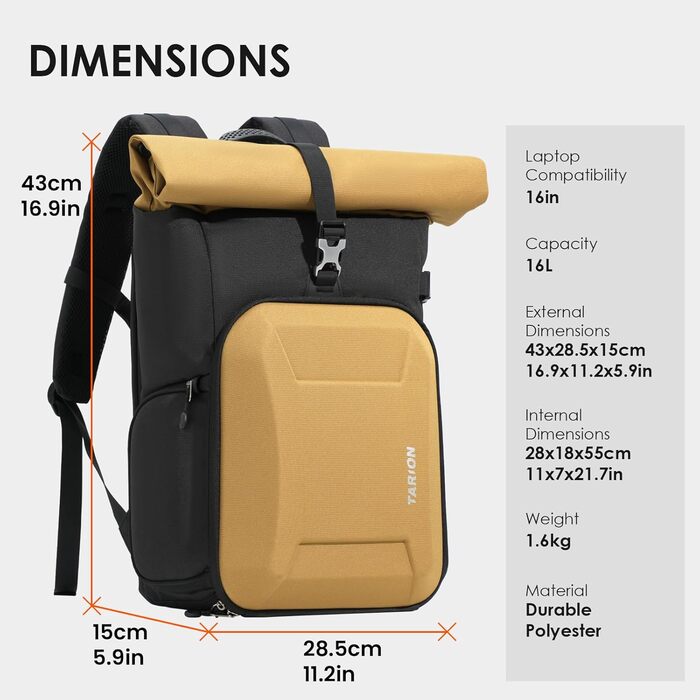 Рюкзак для камери TARION Rolltop: професійний фоторюкзак з жорсткою оболонкою, відділенням для 16-дюймового ноутбука, сумісний з DSLR/SLR камерами, об'єктивами та штативом, колір золотий