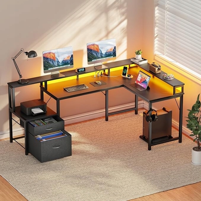 Великий кутовий ігровий стіл у формі L з LED-підсвіткою та полицею, 168x100 см