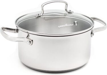 Каструля GreenChef Profile Plus 18 см, 2,1 л, антипригарна кераміка, нержавіюча сталь, з кришкою із загартованого скла, PFAS-free, для індукції, жароміцна до 200°C, срібляста, сіра всередині