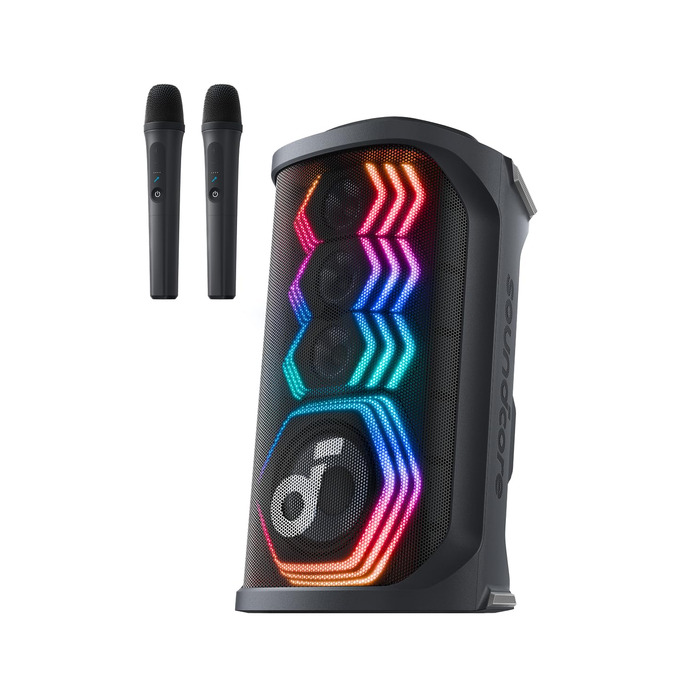 Soundcore PartyBox Rave 3S – портативна колонка з мікрофонами, 200 Вт, Bluetooth, світлодіодна підсвітка, AuraCast, 12 годин роботи, для дому та вулиці