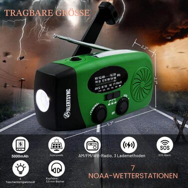 Сонячна радіостанція iRonsnow з ручним заводом, LED-ліхтарем, USB-зарядкою 2000mAh (зелена) - для походу, кемпінгу, надзвичайних ситуацій