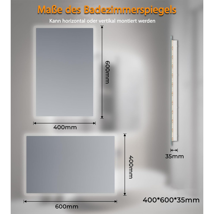 Дзеркало для ванної кімнати SVNR з підсвічуванням, 40x60 см, LED, алюмінієва рама, захисне скло, матові краї, IP44, енергозберігаюче