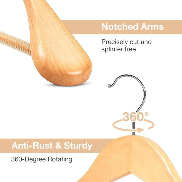 Дерев'яні вішалки для одягу 10 шт. – широкі плечики з натурального дерева, неслизькі та стабільні з перекладиною для штанів та 360° обертовим гачком, для костюмів, курток, сорочок та пальто, натуральне дерево