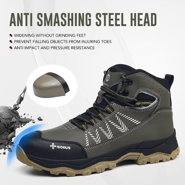 Черевики робочі чоловічі ISOOUS, високі, захисні, для жінок та чоловіків, легкі, зі сталевим підноском, антиковзаючі (43 EU, армійний зелений)