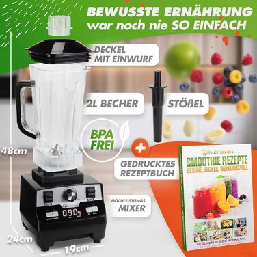 Потужний блендер NUTRI-BLENDER MAX 2000Вт, стаціонарний міксер для смузі, професійний блендер, 2 л Tritan, BPA Free, 9 швидкостей, цифровий таймер, книга рецептів